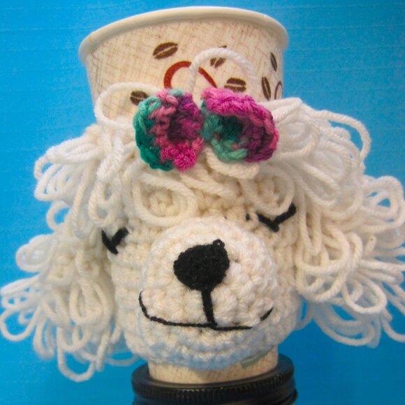 Handmade Crochet Poodle Puppy Dogs WHITE Cup Cozy - Picture 1 of 4